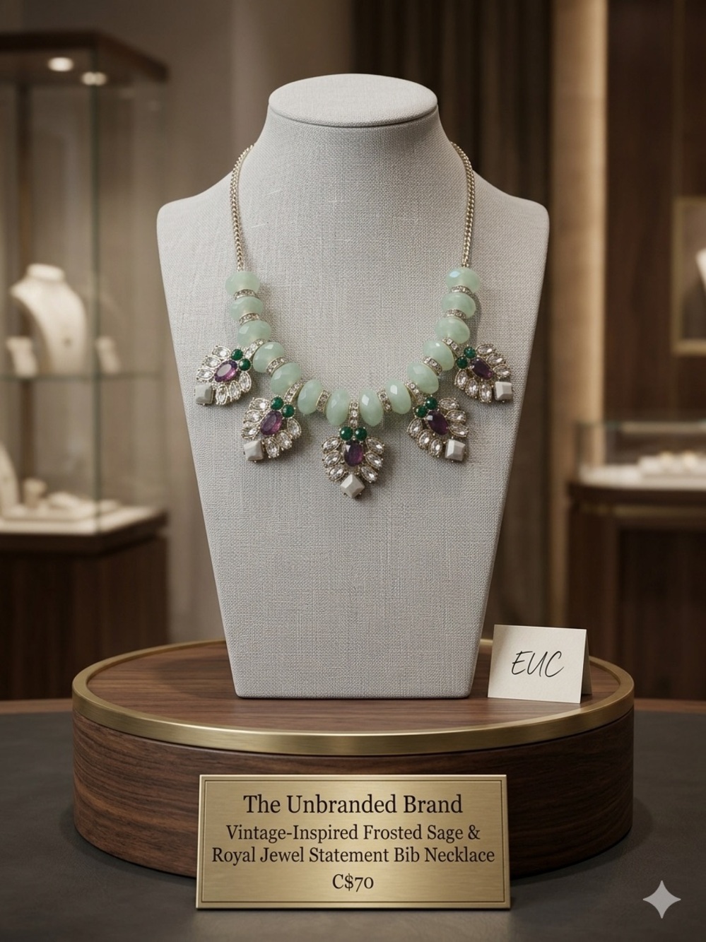 Vintage-Inspired Frosted Sage & Royal Jewel Statement Bib Necklace EUC